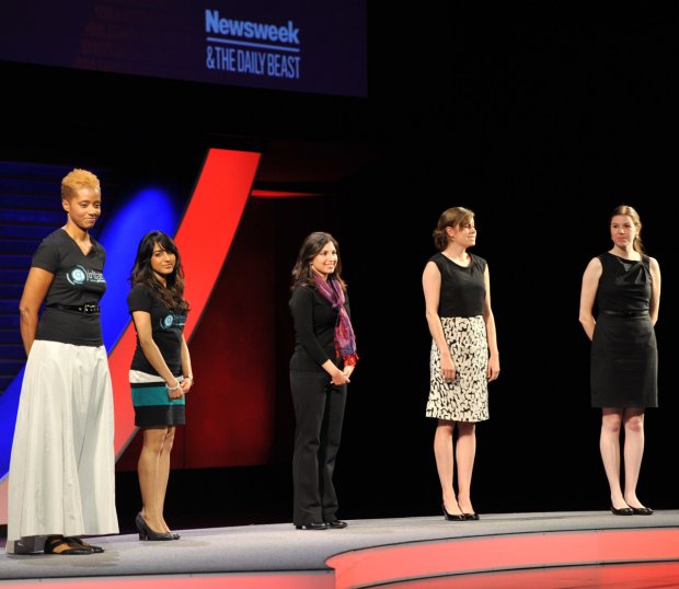 Sejal Hathi, 2nd from left, and Kavita Shukla, 3rd from left, onstage at the Toyota Mothers of Invention Award along with the other winners at the Women in the World Conference 2013.
