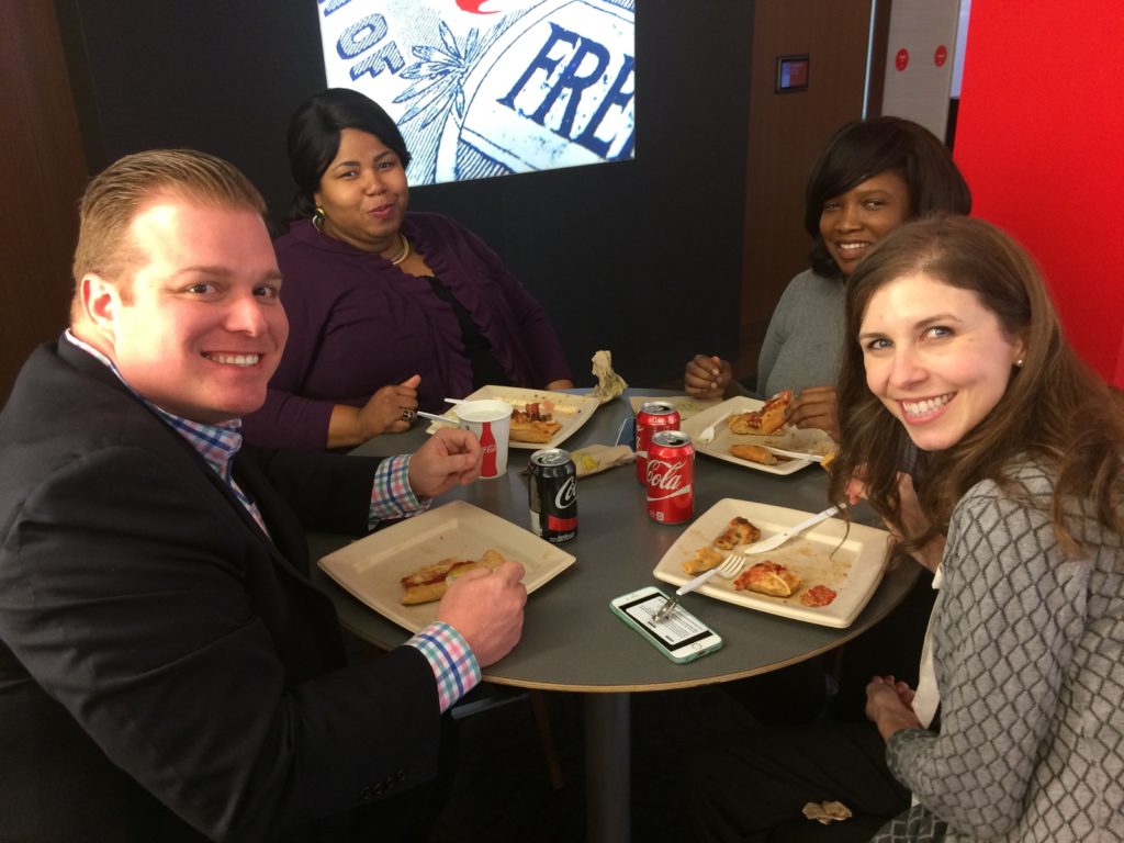 Lunch break! Jeremy Sale (CCSF), Christina Marshall-Valdez (2001), LaQuanda Prince (CCSF), and Mollie Milner (1994).