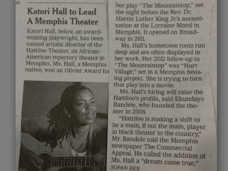 Katori Hall (1999) has been named the artistic director of the Hattiloo Theater, an African-American repertory theater in Memphis.