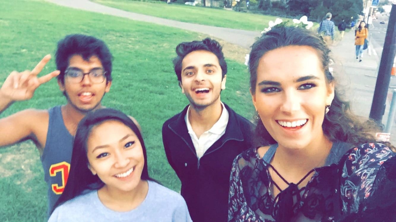 2014 Scholars Aimee Tran, Yash Gupta, Akbar Khan, and Sophia at Berkeley for the USC vs. Berkeley game.