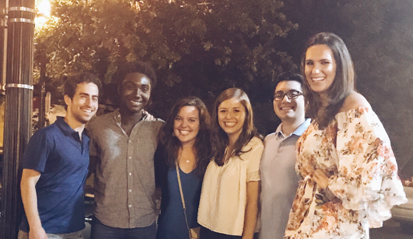 2014 Coke Scholar friends got together in Washington, DC, for pizza. Left to right: Ari Krasner, Andrew Brennen, Hope Arcuri, Maddie Dill, Gabe Unruh, and Sophie Wix.