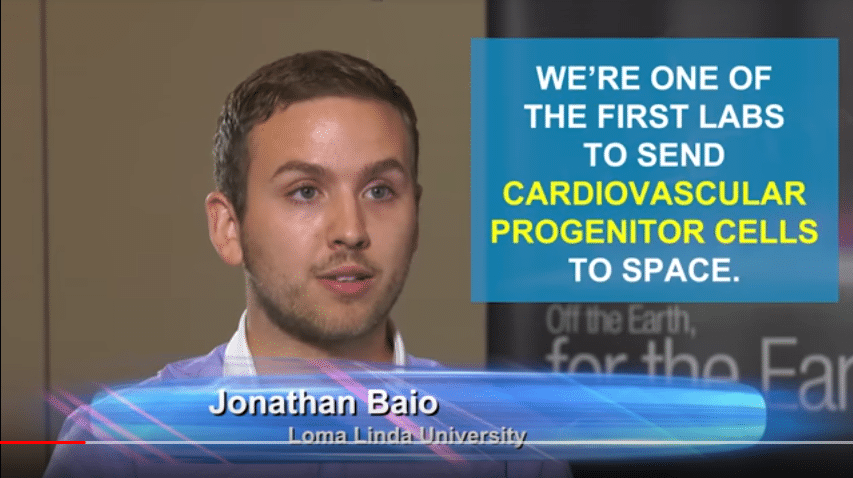 Jonathan Baio (2009) is getting his PhD at Loma Linda School of Medicine, researching cardiac biology in space, and he did an interview with NASA TV last month.