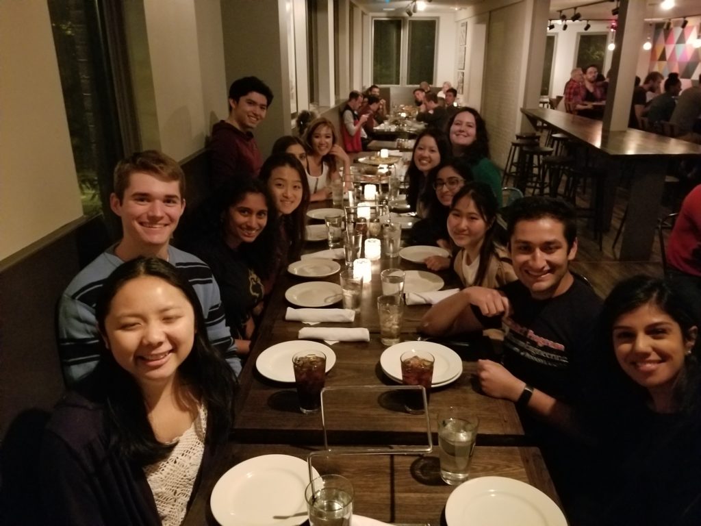 Students got together for a "Slices for Scholars" event at UPenn. Attendees included: Anika Ranginani (2015), Emily Zhen (2014), Michael Zietz (2015), Emily Tan (2016), Shaina Zafar (2017), Christopher Rathbun (2016), Hannah Le (2016), Carmen Duran (2017), Suzan Kim (2017), Ria Chhabra (2015), Anisha Reddy (2014), George Pandya (2016), and Sheryl Chen (2017).