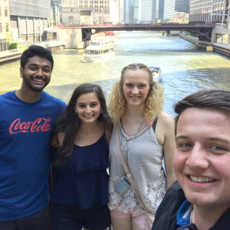 2017 Scholars Tejas Sekhar, Heather Weller, and Maria Sarah Lysandrou, and Jackson Blackwell grabbed lunch in Chicago and walked around the city. Jackson said it was fun to catch up and reminisce about Scholars weekend.