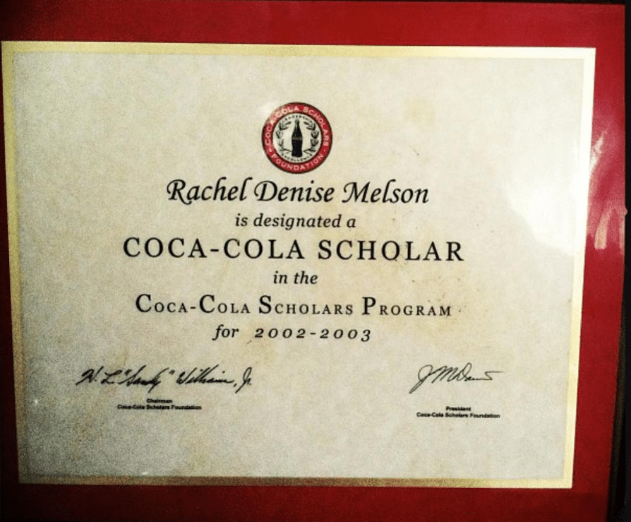 Rachel Blanks (2003) shared her Coca-Cola Scholar certificate on Instagram. "Throwback. It was so much more than the $20,000 scholarship."
