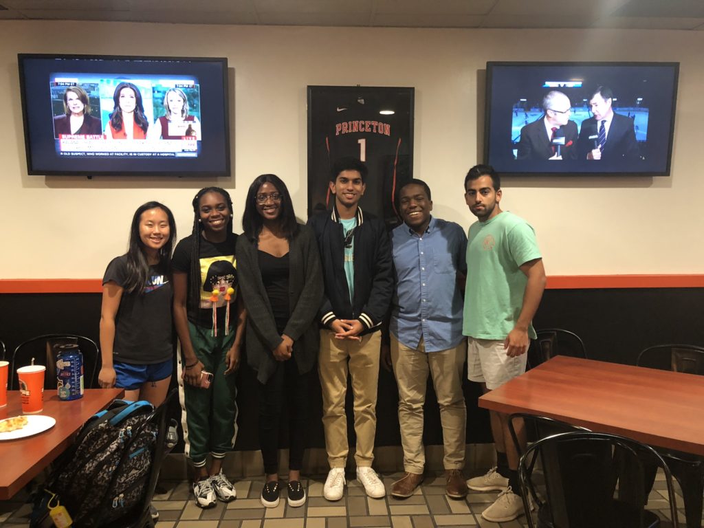 Princeton Scholars Jonathan Haynes (2016), Sunny Sandhu (2016), Aryamen Khandelwal (2018), Dora Zhao (2017), Gabriella Carter (2018), and Rola Adebogun (2018) gathered for pizza, too.