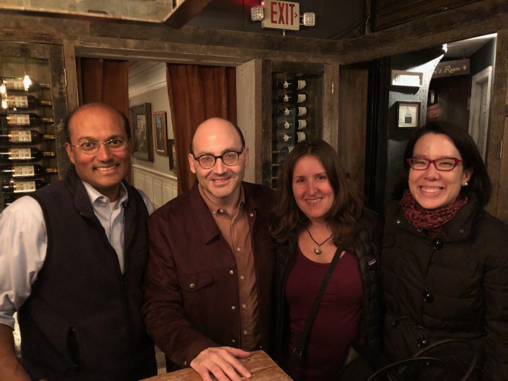 Carrie Regan (1989) got together with Pamit Surana (1989), Michael Solomon (1992), and Sandra Lee (1993) while she and her husband were visiting the New York City. Pamit hosted them at Fraunces Tavern, Manhattan's oldest surviving structure and a gathering place for Washington, Hamilton, and other the architects of our democracy. From there, he took them on an evening walking tour of lower Manhattan and shared fascinating historical trivia about the role the area played in the rise of the city and our nation.