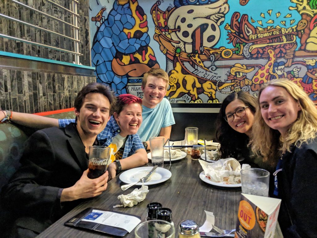 Michael Anthony (2015), Henry Kvietok (2017), Bridget Galaty (2017), Theresa Nguyen (2018), Megan Koch (2018) gathered in Colorado for a Slices for Scholar event, which is where Coke Scholars on a campus get together for pizza and Coke.